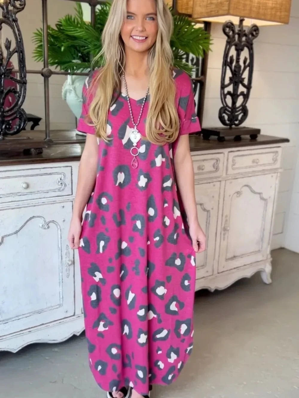 Trendsi Hot Pink / S Leopard Slit V-Neck Short Sleeve Maxi Dress