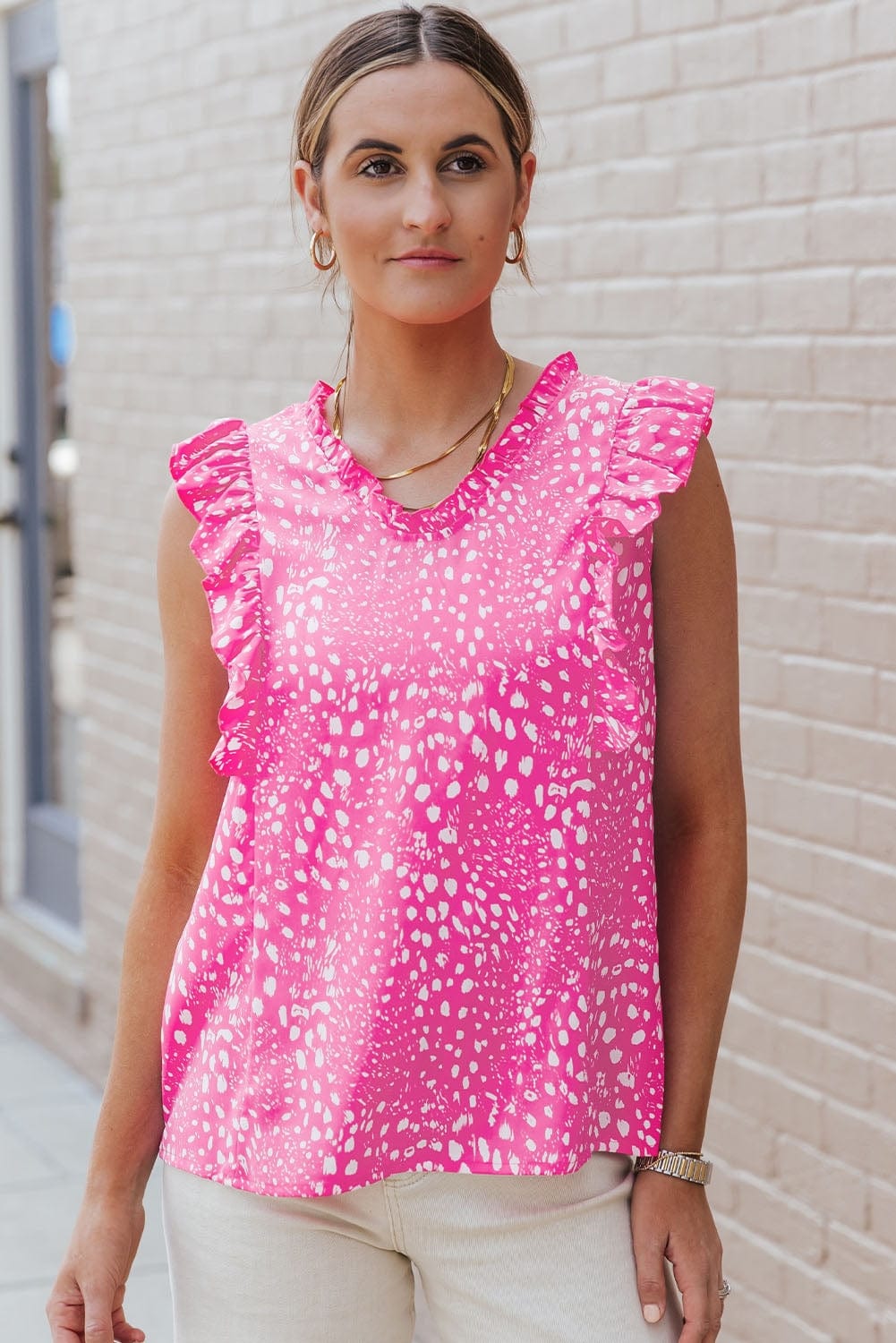 Trendsi Hot Pink / S Printed V-Neck Butterfly Sleeve Tank