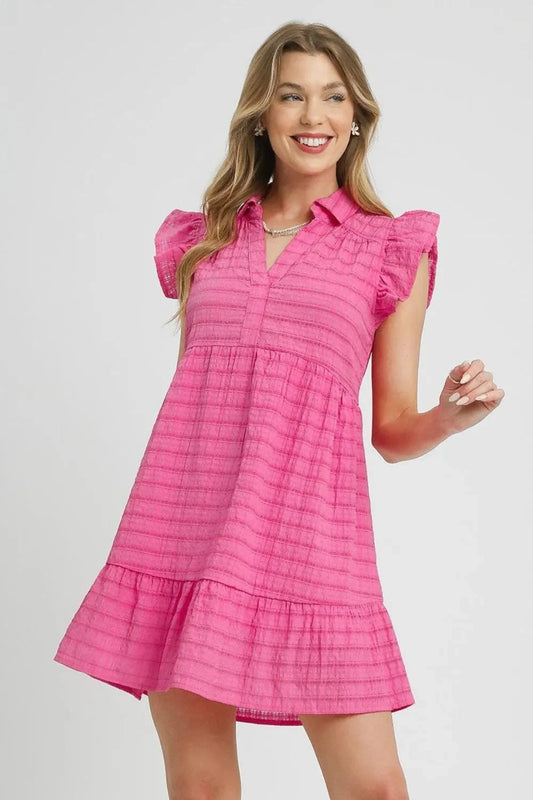 Trendsi Hot Pink / S Umgee Ruffle Cap Sleeve Textured Mini Dress