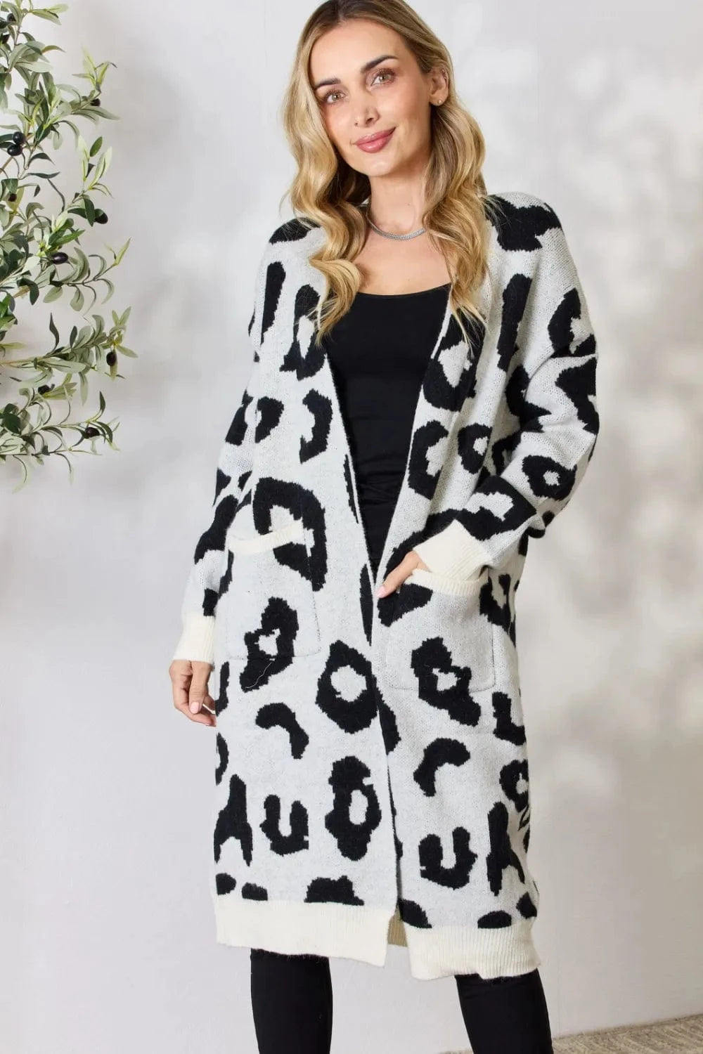 Trendsi Ivory / S BiBi Leopard Open Front Cardigan