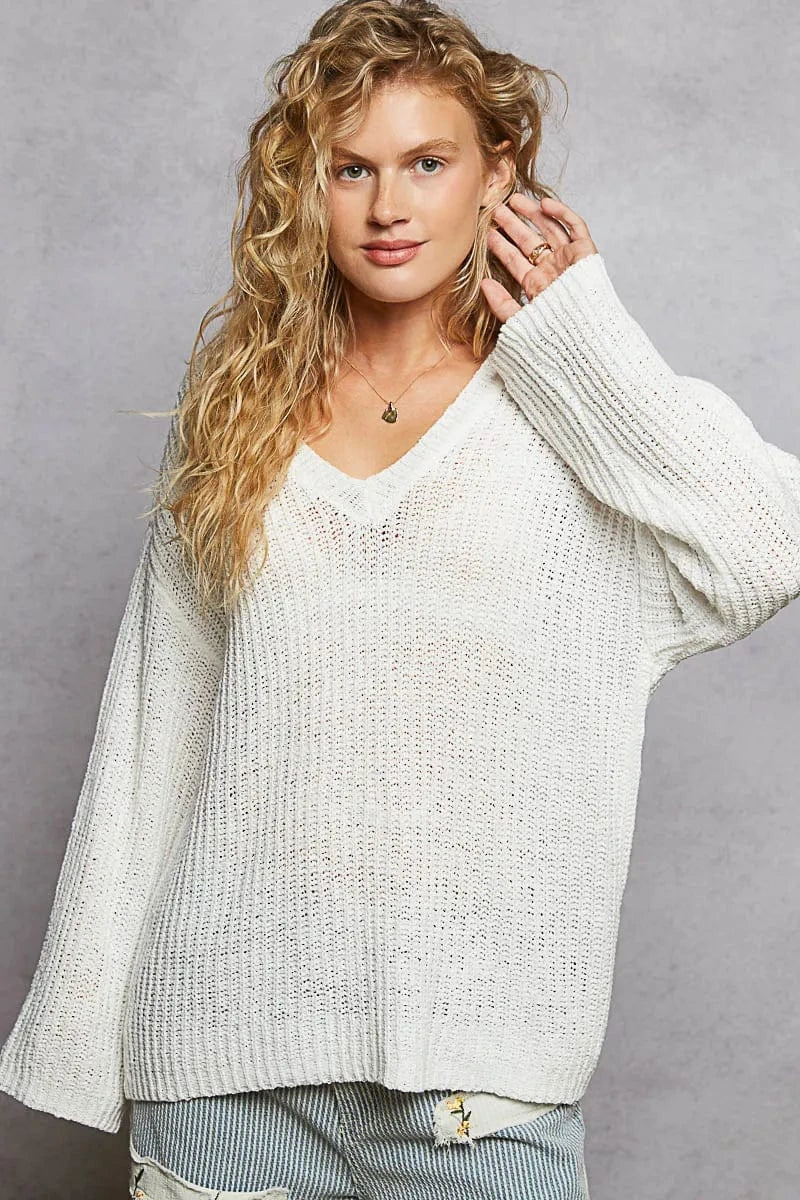 Trendsi Ivory / S POL Oversized V-Neck Knit Top
