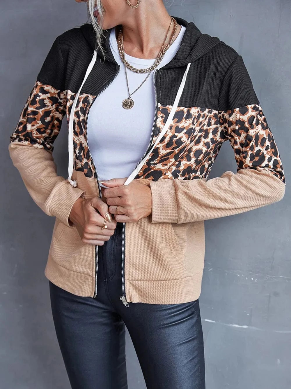 Trendsi Ivy Lane Drawstring Leopard Zip Up Hooded Jacket