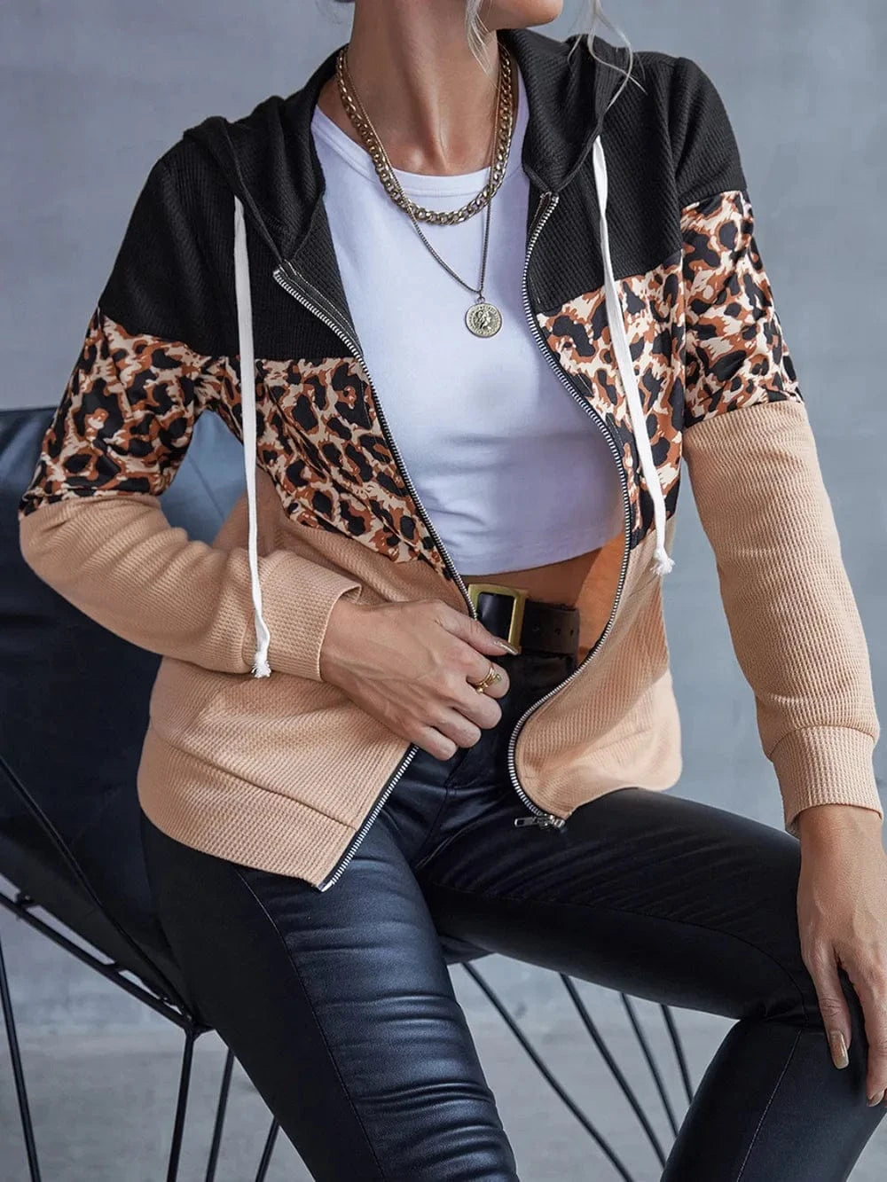 Trendsi Ivy Lane Drawstring Leopard Zip Up Hooded Jacket