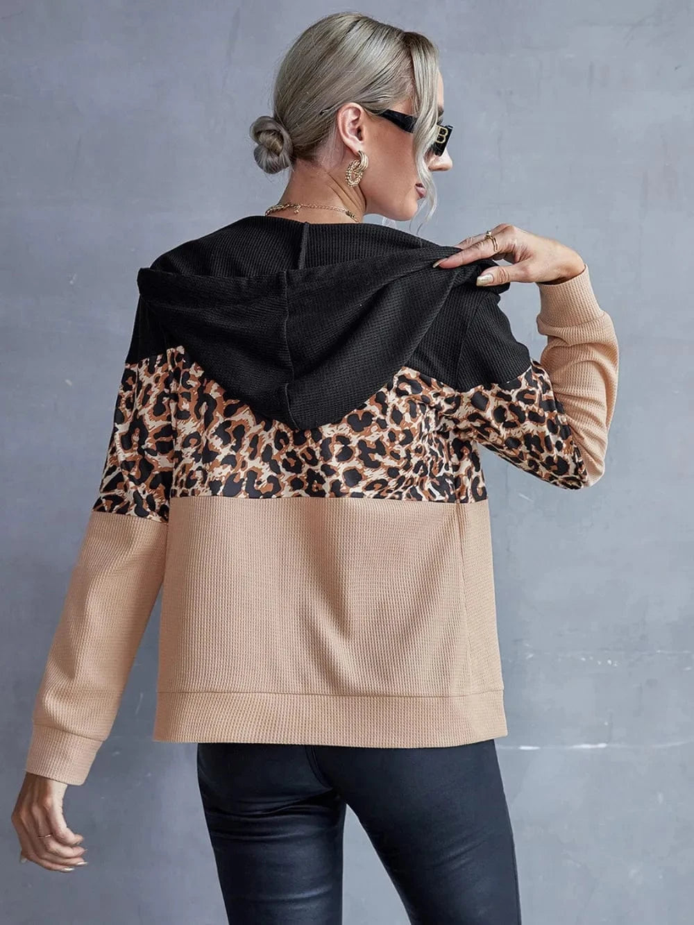 Trendsi Ivy Lane Drawstring Leopard Zip Up Hooded Jacket