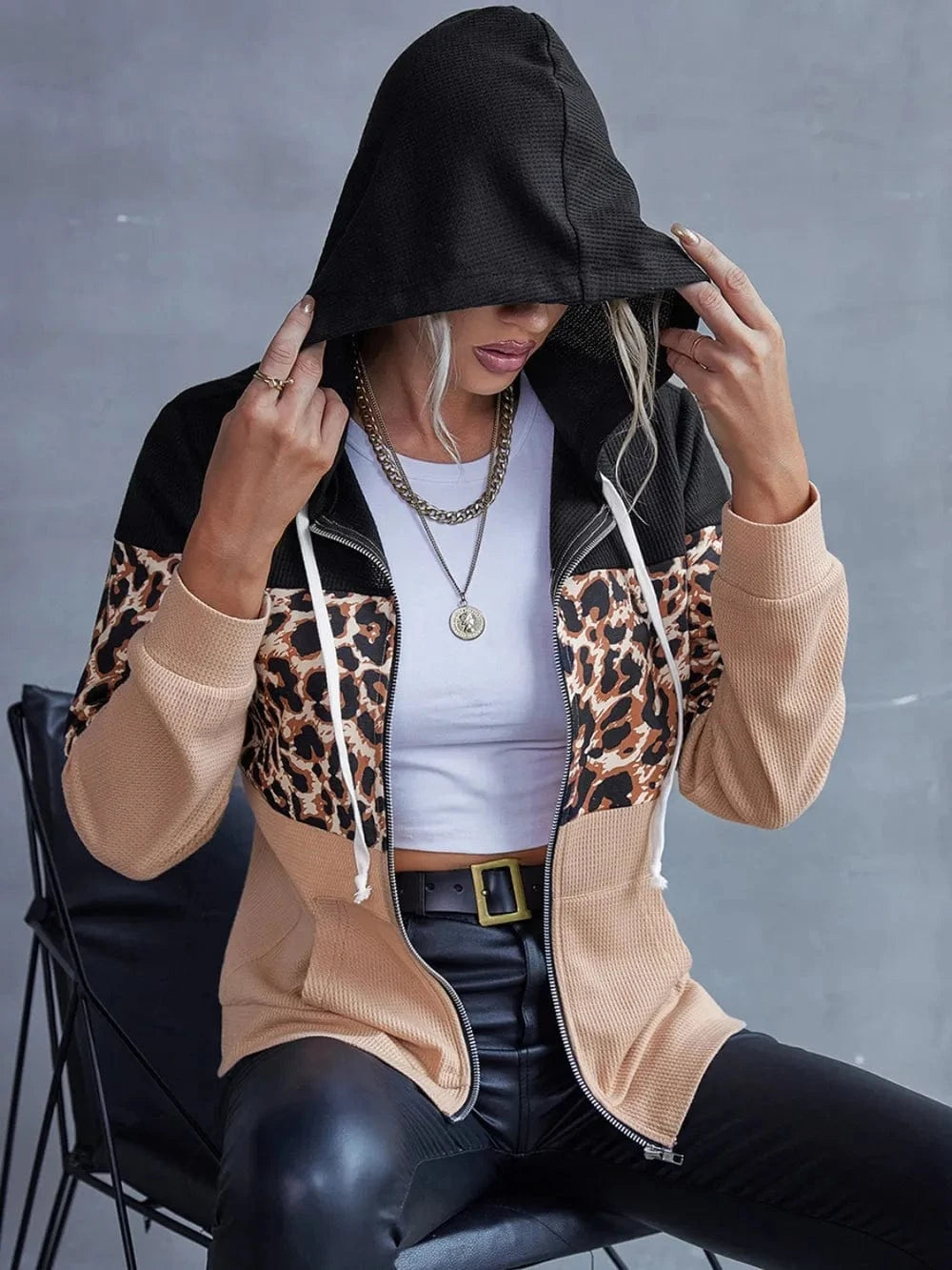Trendsi Ivy Lane Drawstring Leopard Zip Up Hooded Jacket