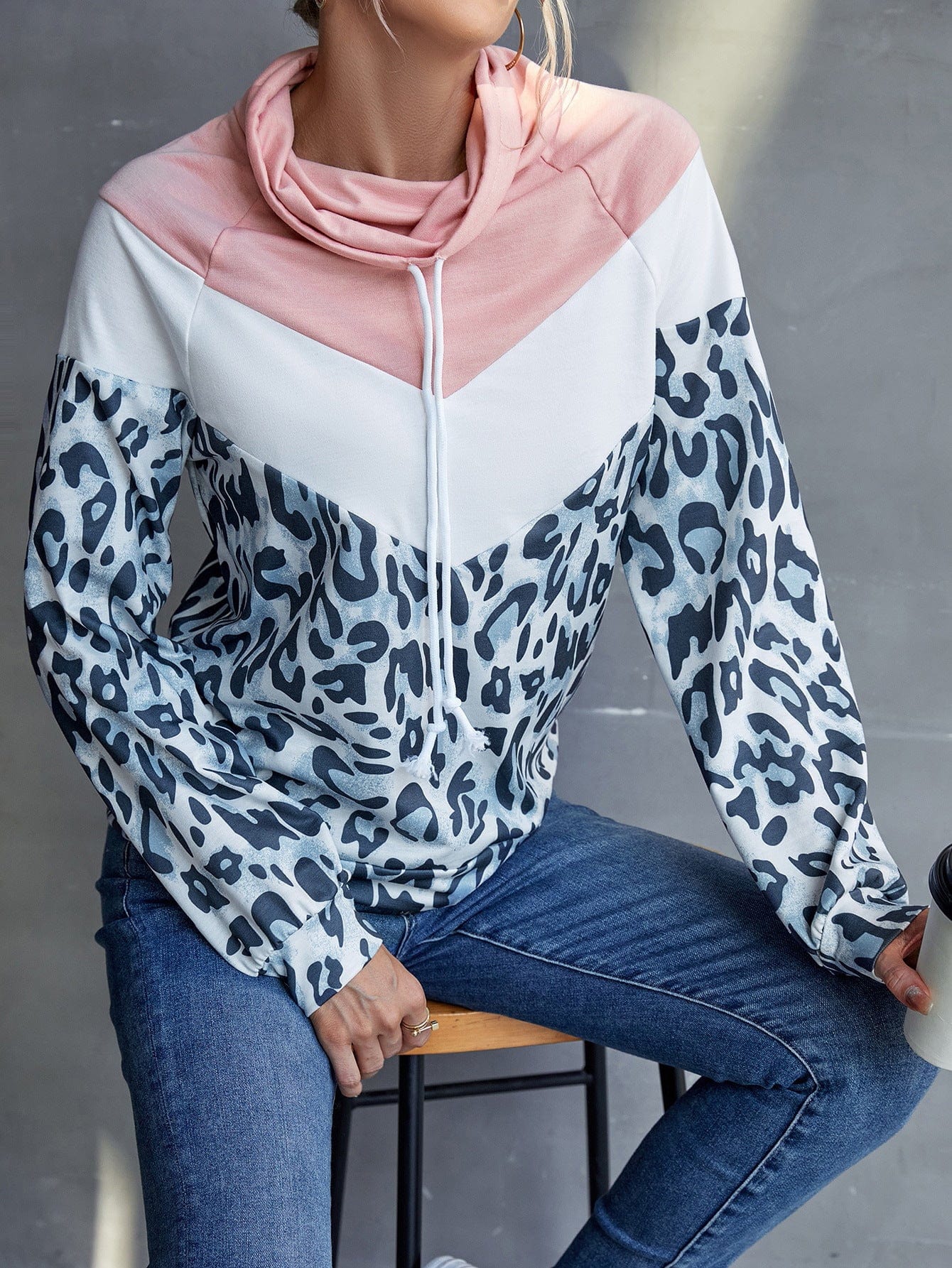 Trendsi Ivy Lane Leopard Color Block Drawstring Sweatshirt