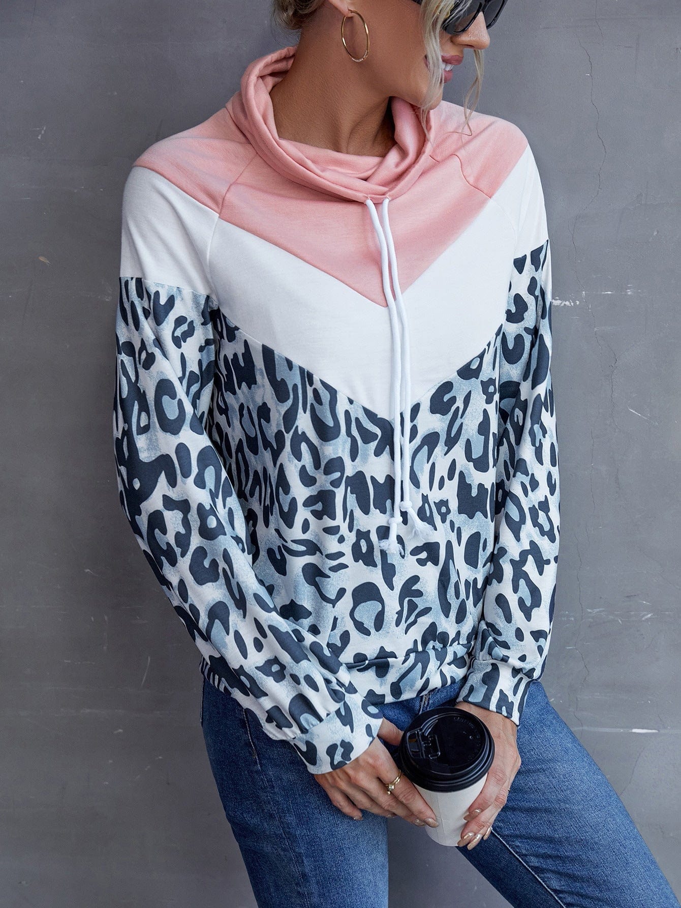 Trendsi Ivy Lane Leopard Color Block Drawstring Sweatshirt