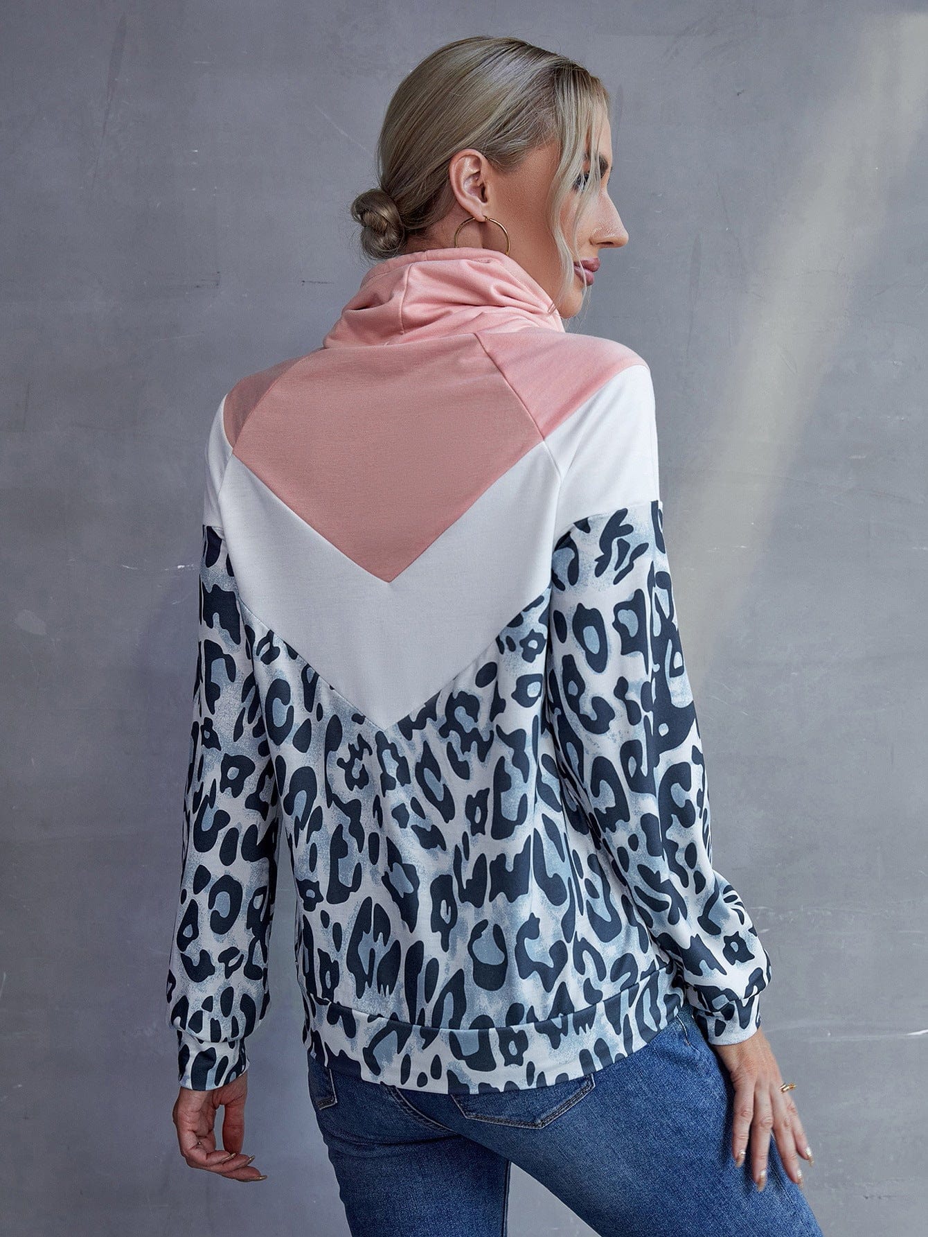 Trendsi Ivy Lane Leopard Color Block Drawstring Sweatshirt