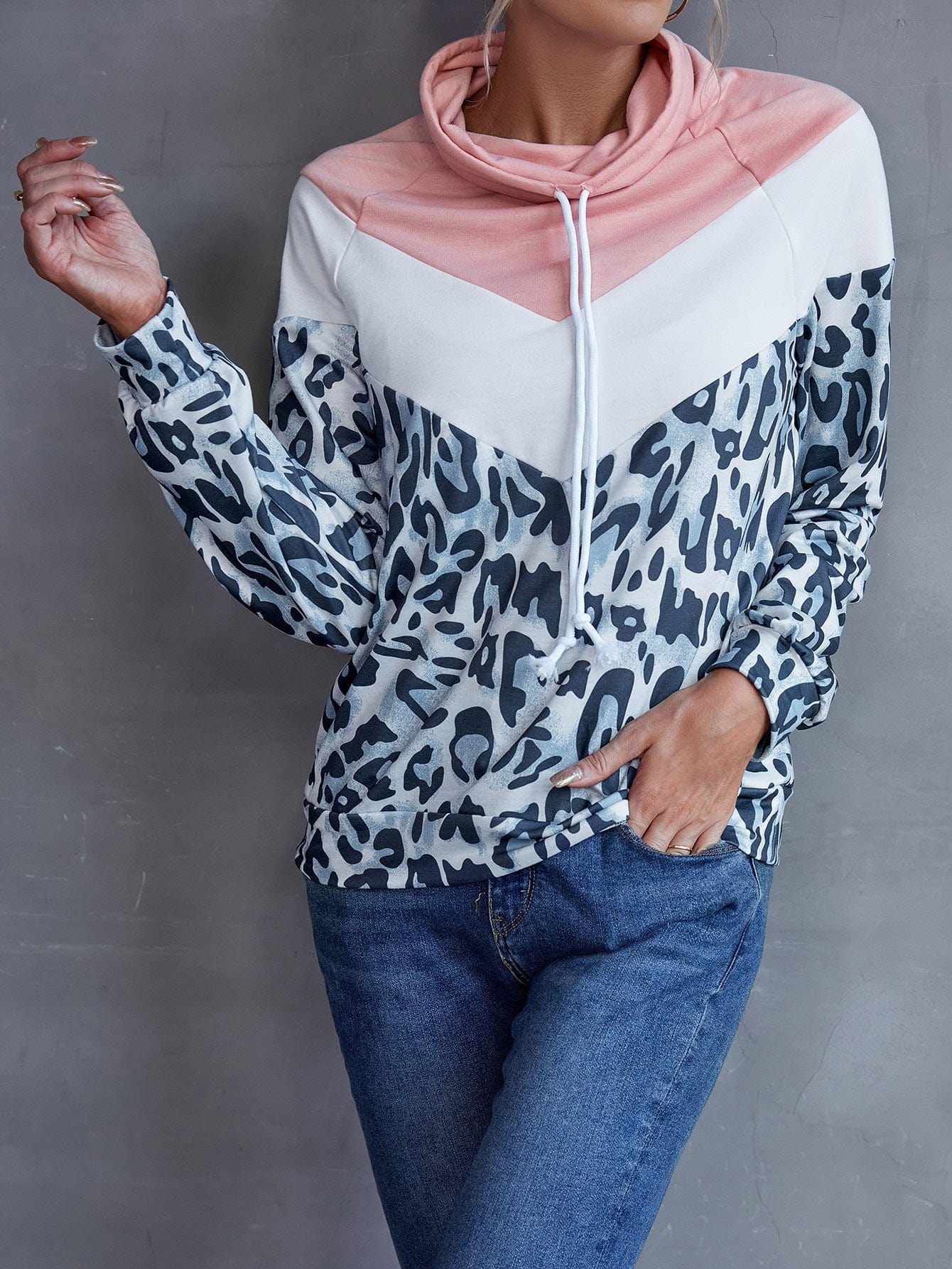 Trendsi Ivy Lane Leopard Color Block Drawstring Sweatshirt