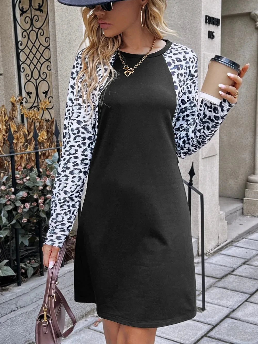 Trendsi Ivy Lane Leopard Round Neck Long Sleeve Dress