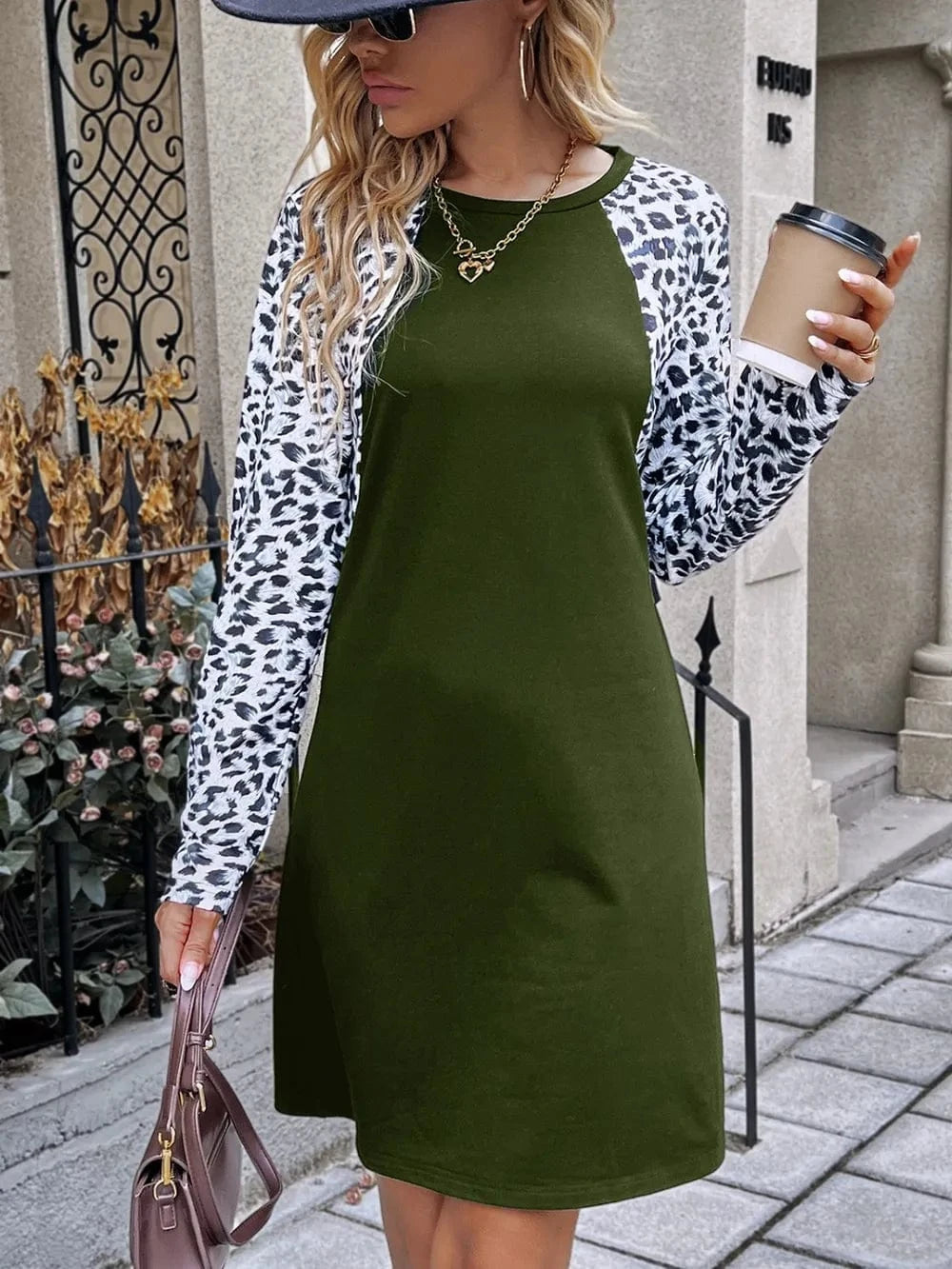 Trendsi Ivy Lane Leopard Round Neck Long Sleeve Dress