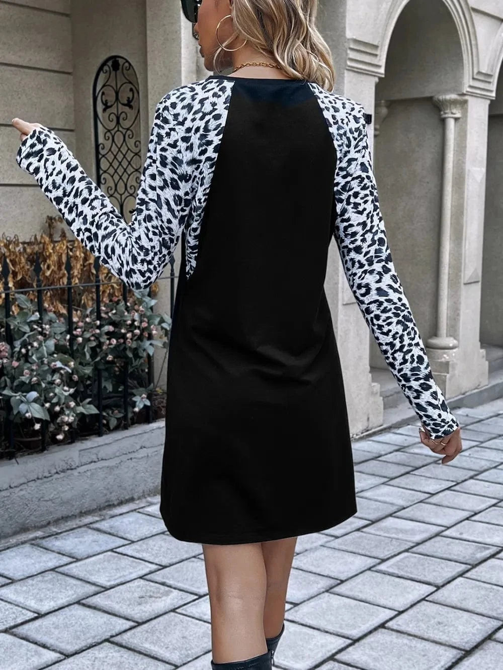 Trendsi Ivy Lane Leopard Round Neck Long Sleeve Dress