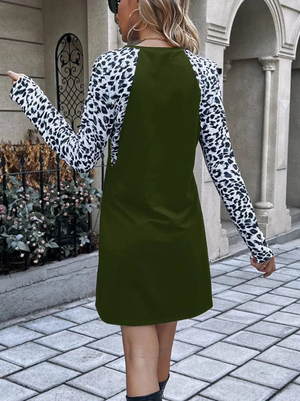 Trendsi Ivy Lane Leopard Round Neck Long Sleeve Dress