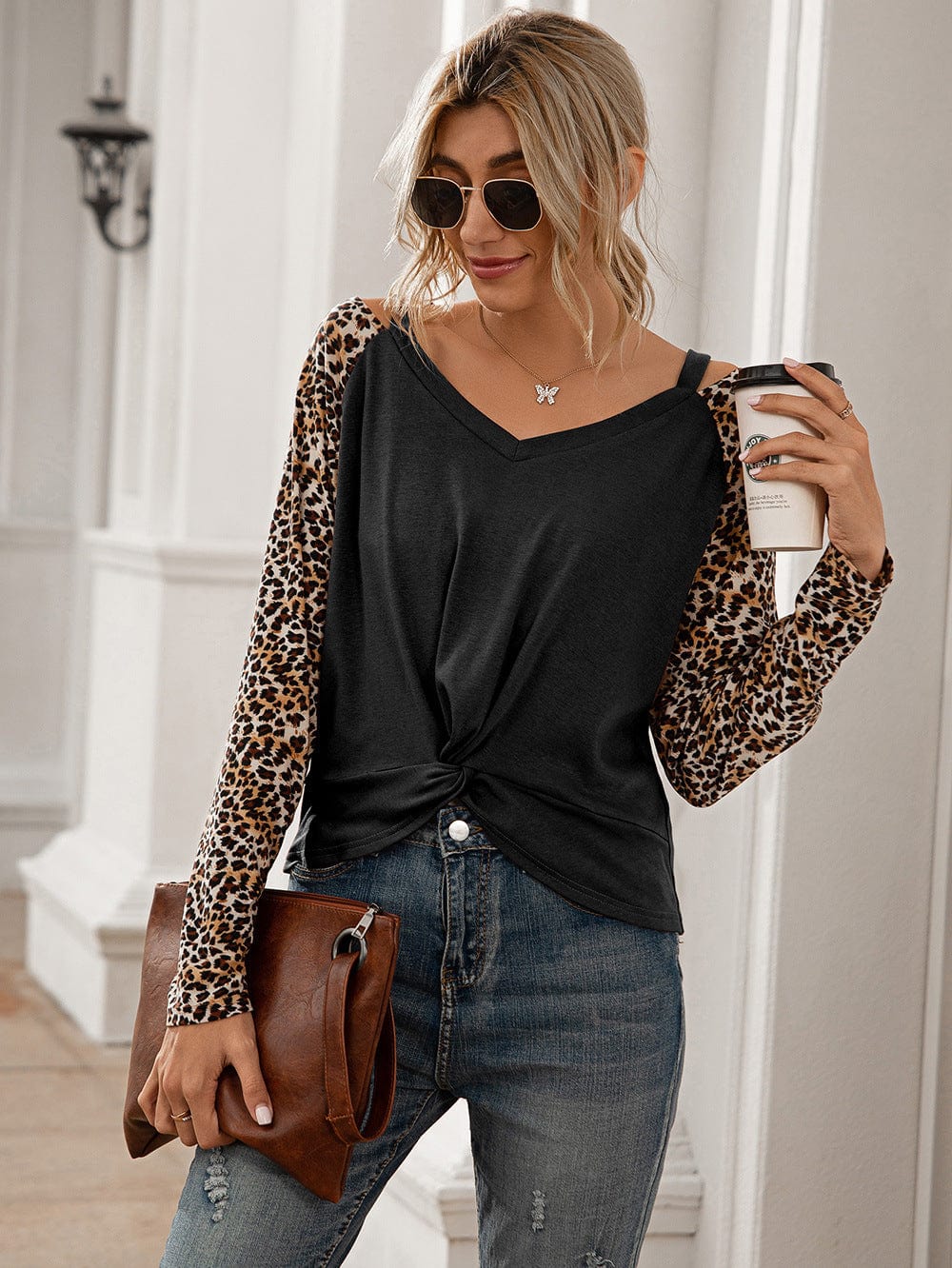 Trendsi Ivy Lane Leopard Twist Front Cold-Shoulder Tee