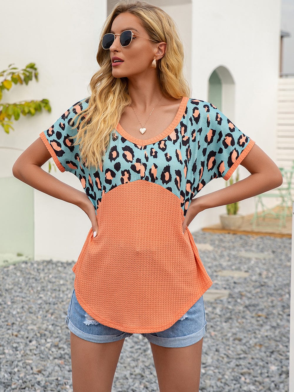 Trendsi Ivy Lane Leopard Waffle-Knit Short Sleeve Top