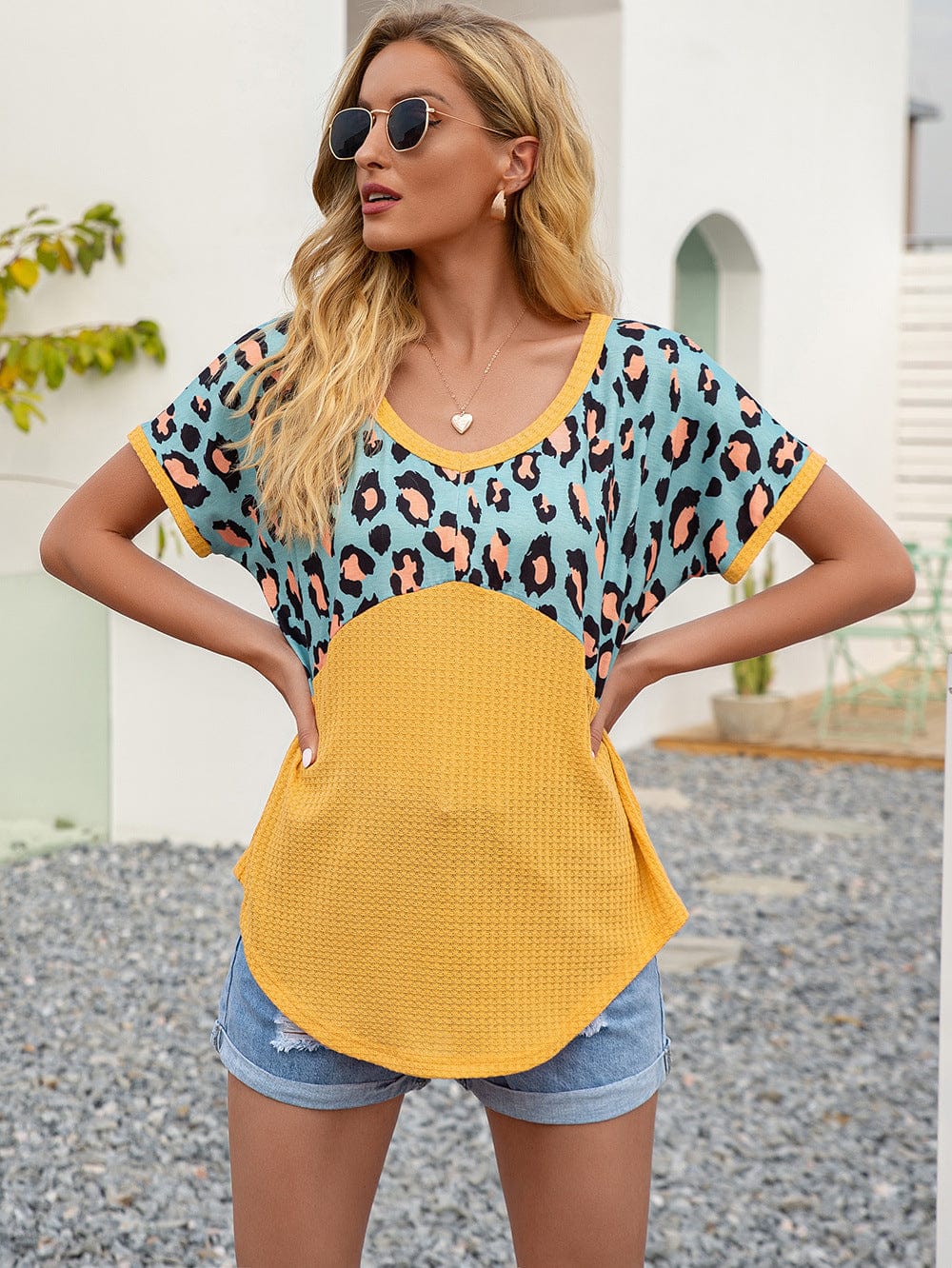Trendsi Ivy Lane Leopard Waffle-Knit Short Sleeve Top