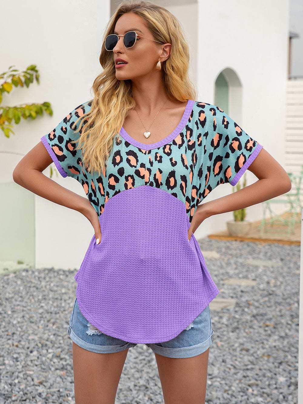 Trendsi Ivy Lane Leopard Waffle-Knit Short Sleeve Top