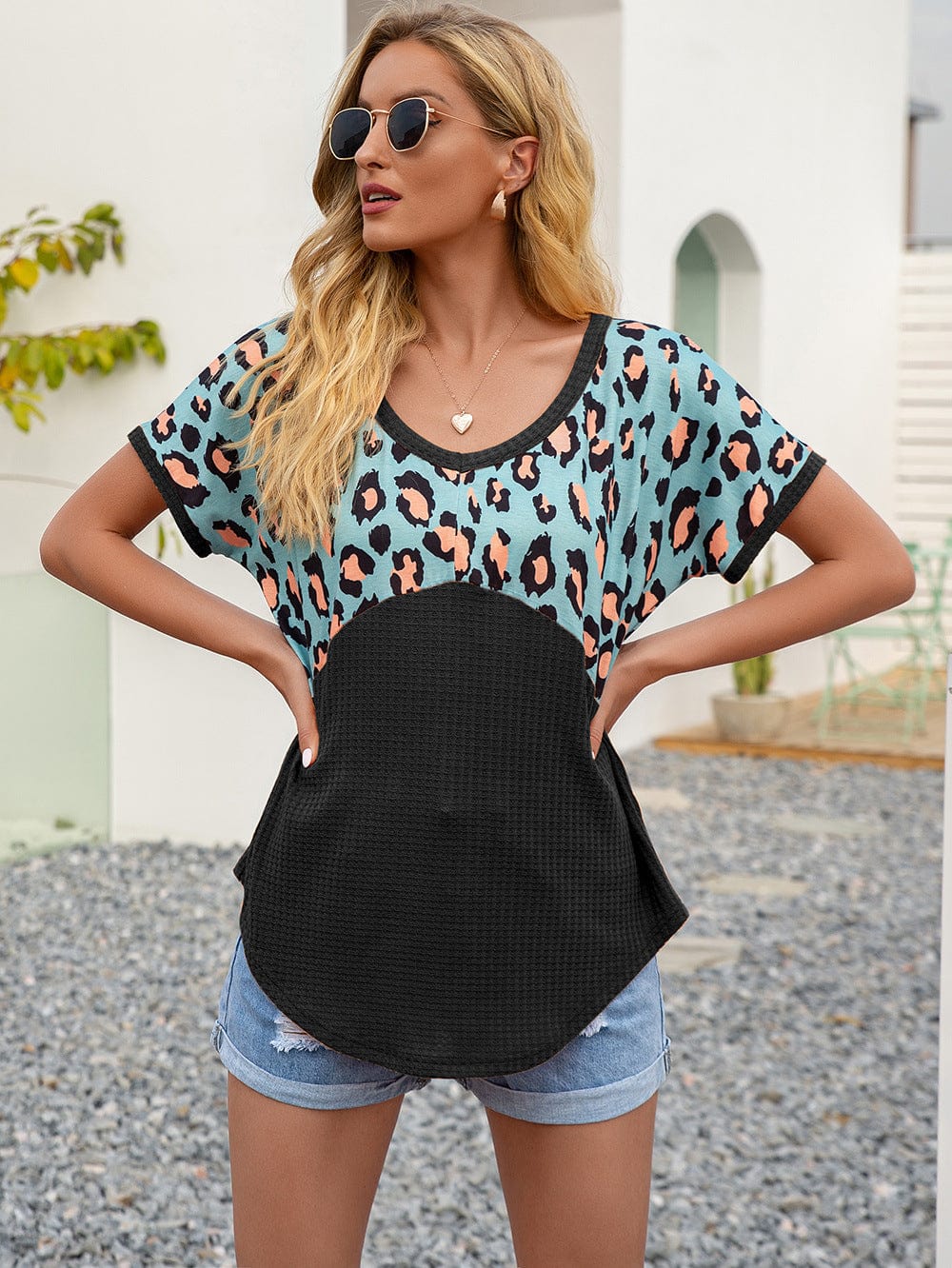 Trendsi Ivy Lane Leopard Waffle-Knit Short Sleeve Top