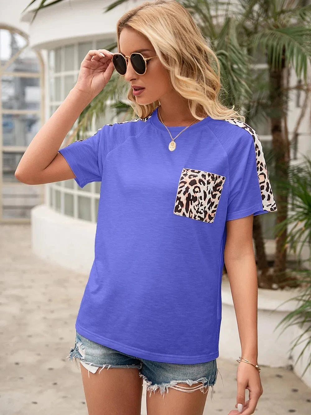 Trendsi Ivy Lane Pocketed Leopard Round Neck Short Sleeve T-Shirt