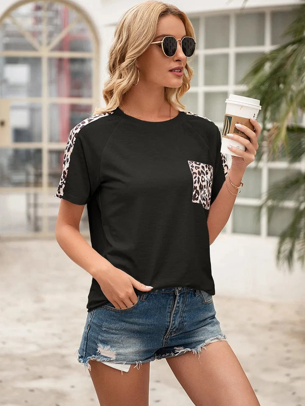 Trendsi Ivy Lane Pocketed Leopard Round Neck Short Sleeve T-Shirt