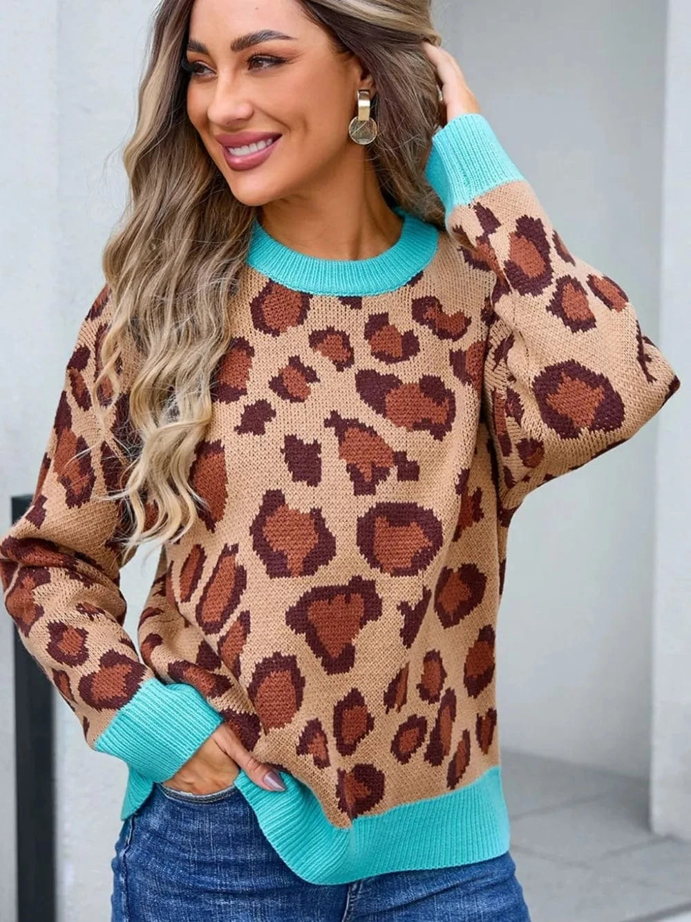 Trendsi Khaki / S Angel Wings Leopard Round Neck Long Sleeve Sweater