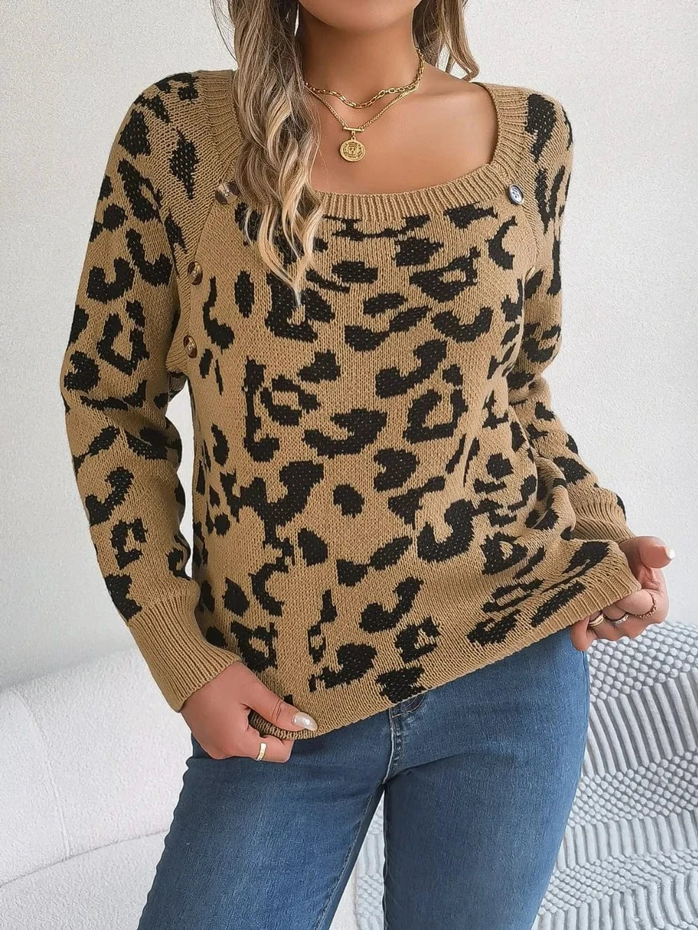 Trendsi Khaki / S Leopard Buttoned Square Neck Sweater