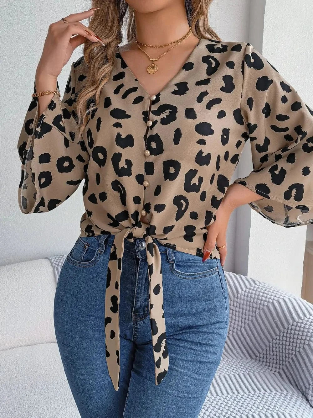 Trendsi Khaki / S Tied Button Up Leopard V-Neck Blouse