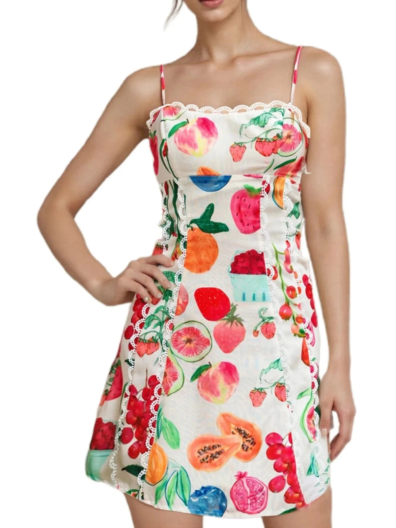 Trendsi Lace Detail Fruit Print Cami Dress