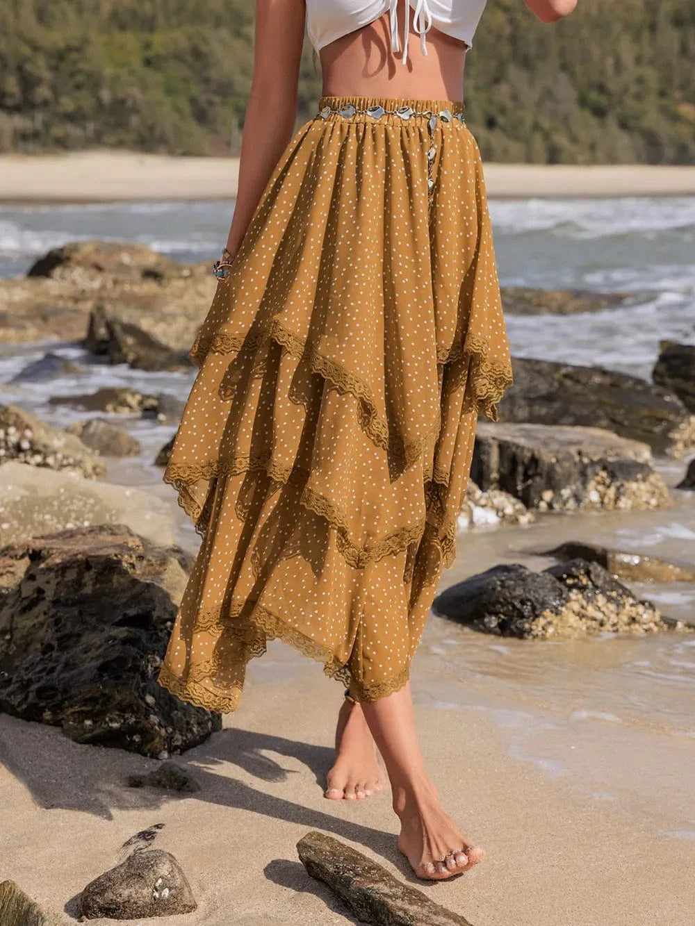 Trendsi Lace Detail Layered Printed Skirt