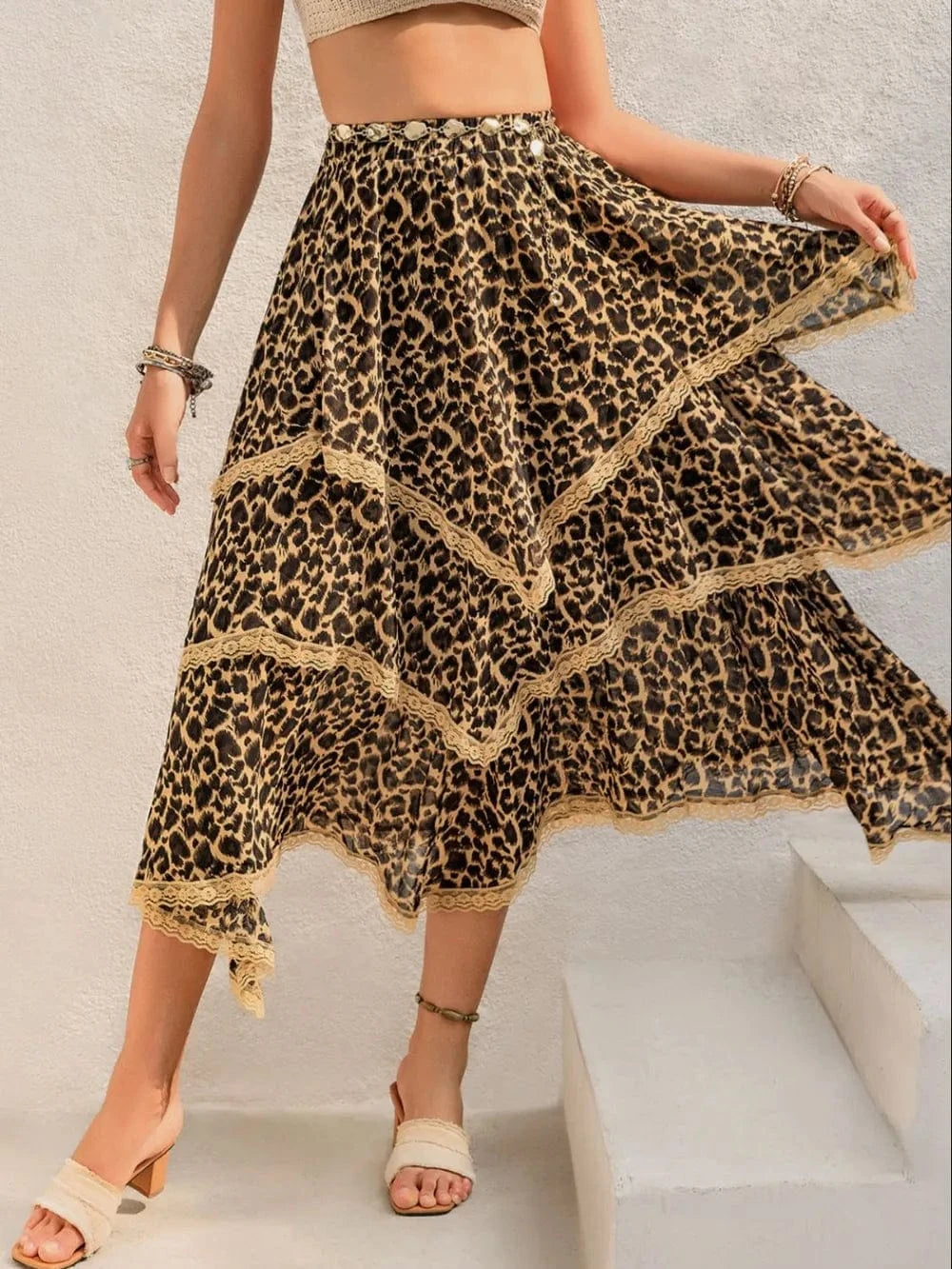 Trendsi Lace Detail Layered Printed Skirt