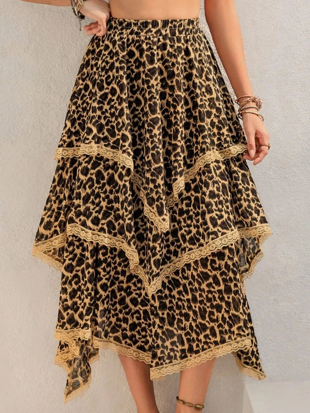 Trendsi Lace Detail Layered Printed Skirt