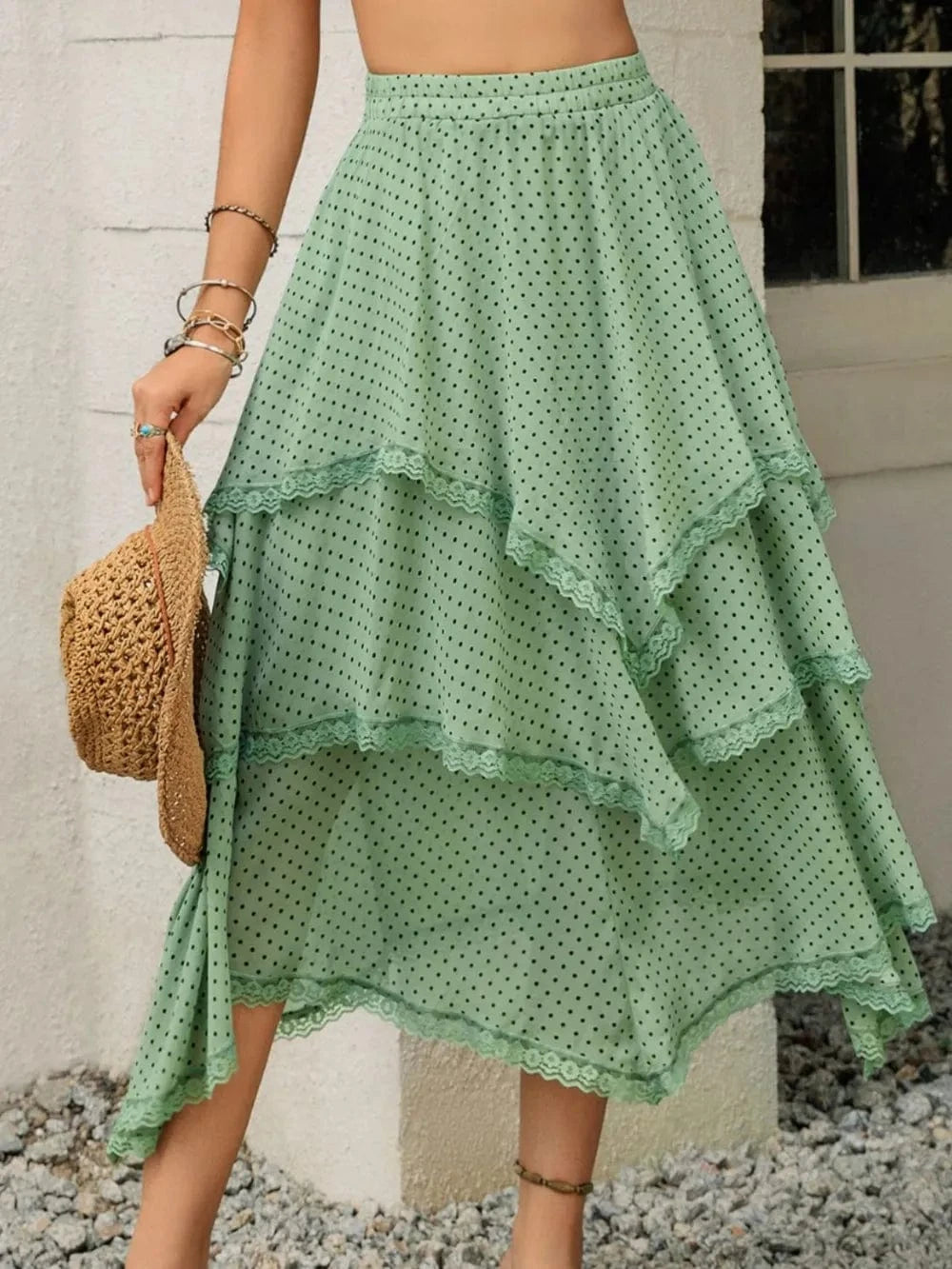 Trendsi Lace Detail Layered Printed Skirt