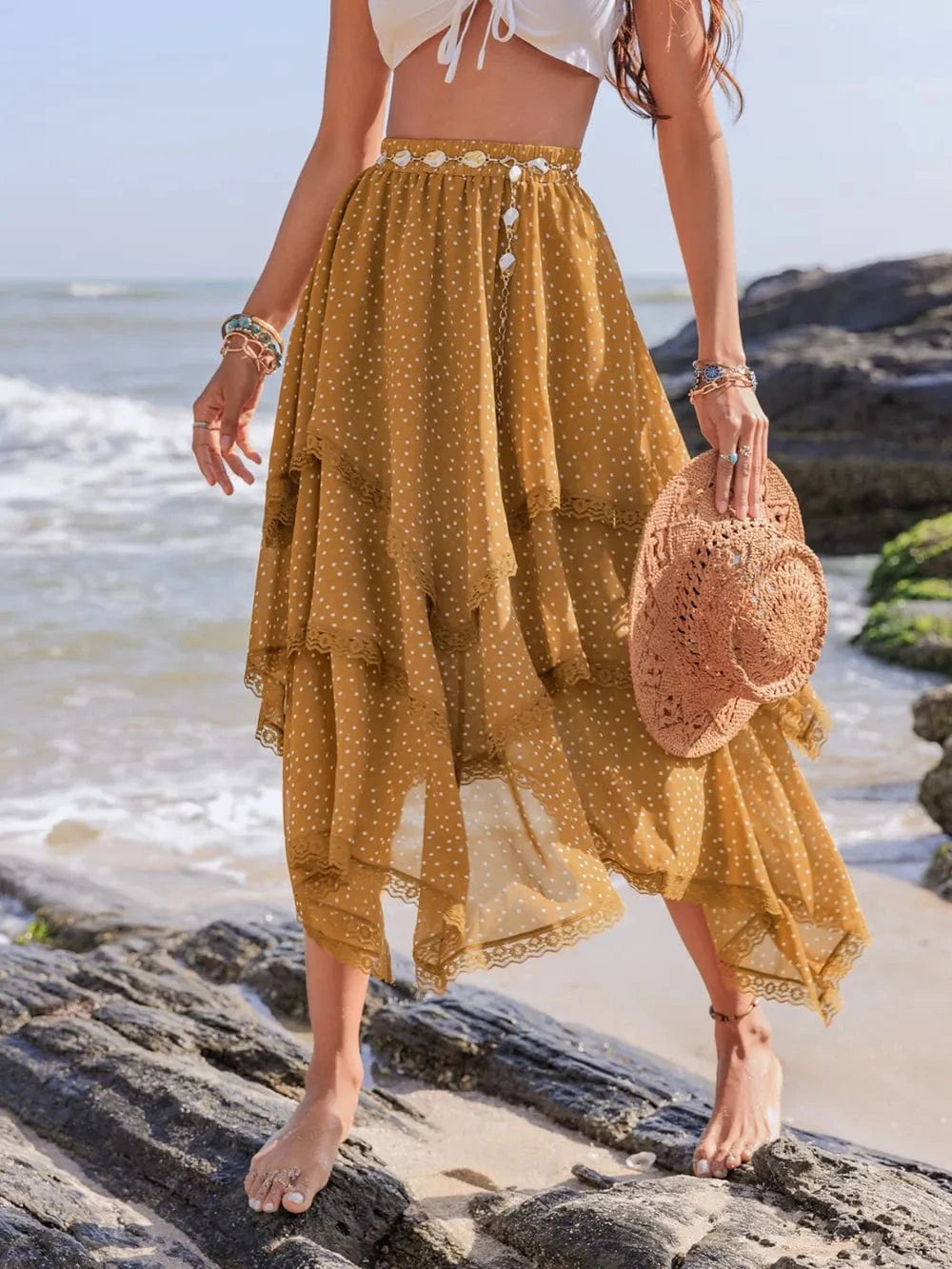Trendsi Lace Detail Layered Printed Skirt