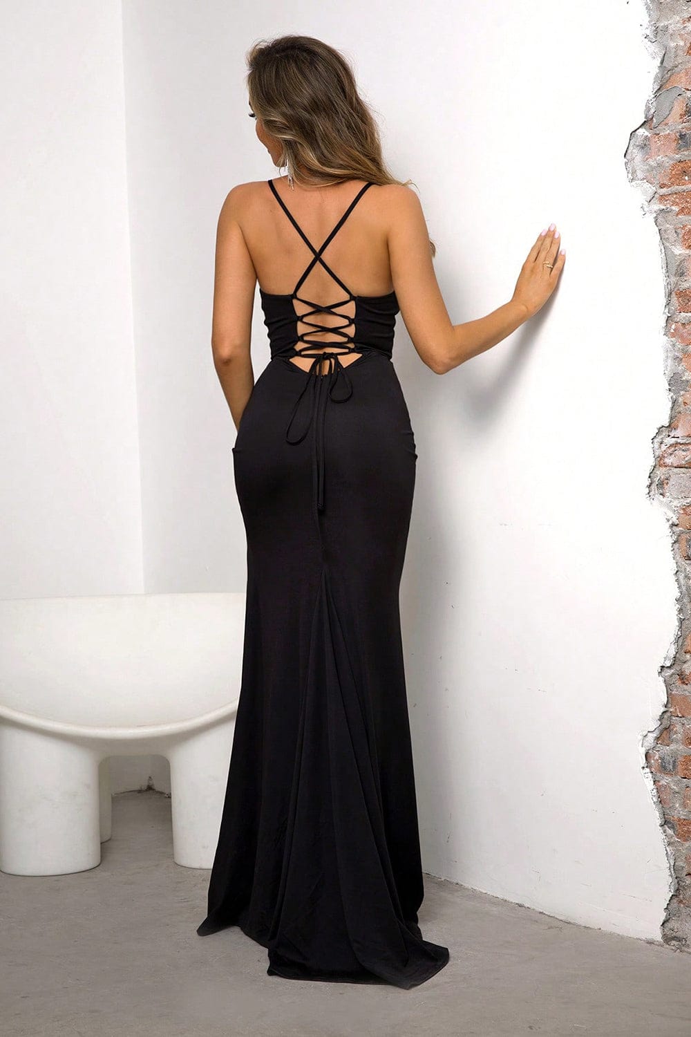 Trendsi Lace-Up Spaghetti Strap Split Dress