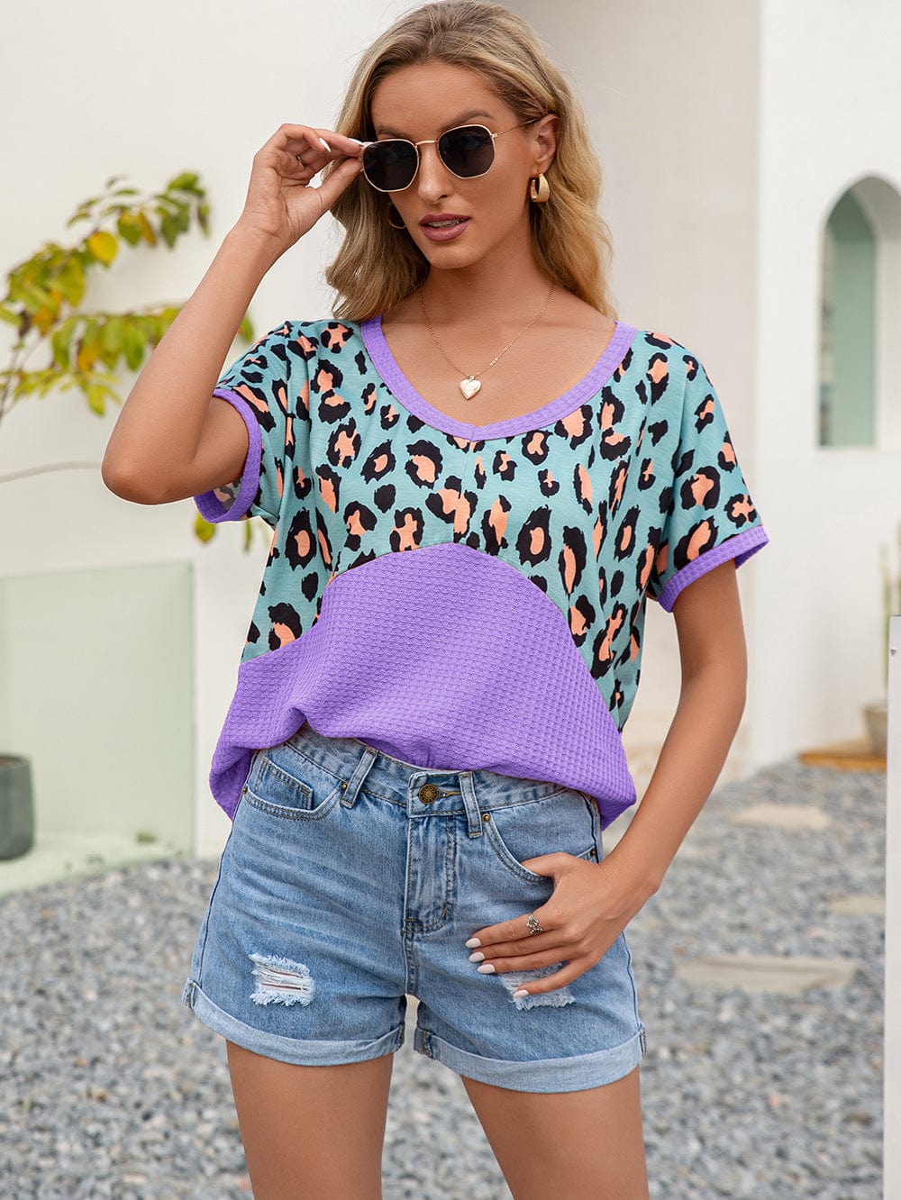 Trendsi Lavender / S Ivy Lane Leopard Waffle-Knit Short Sleeve Top