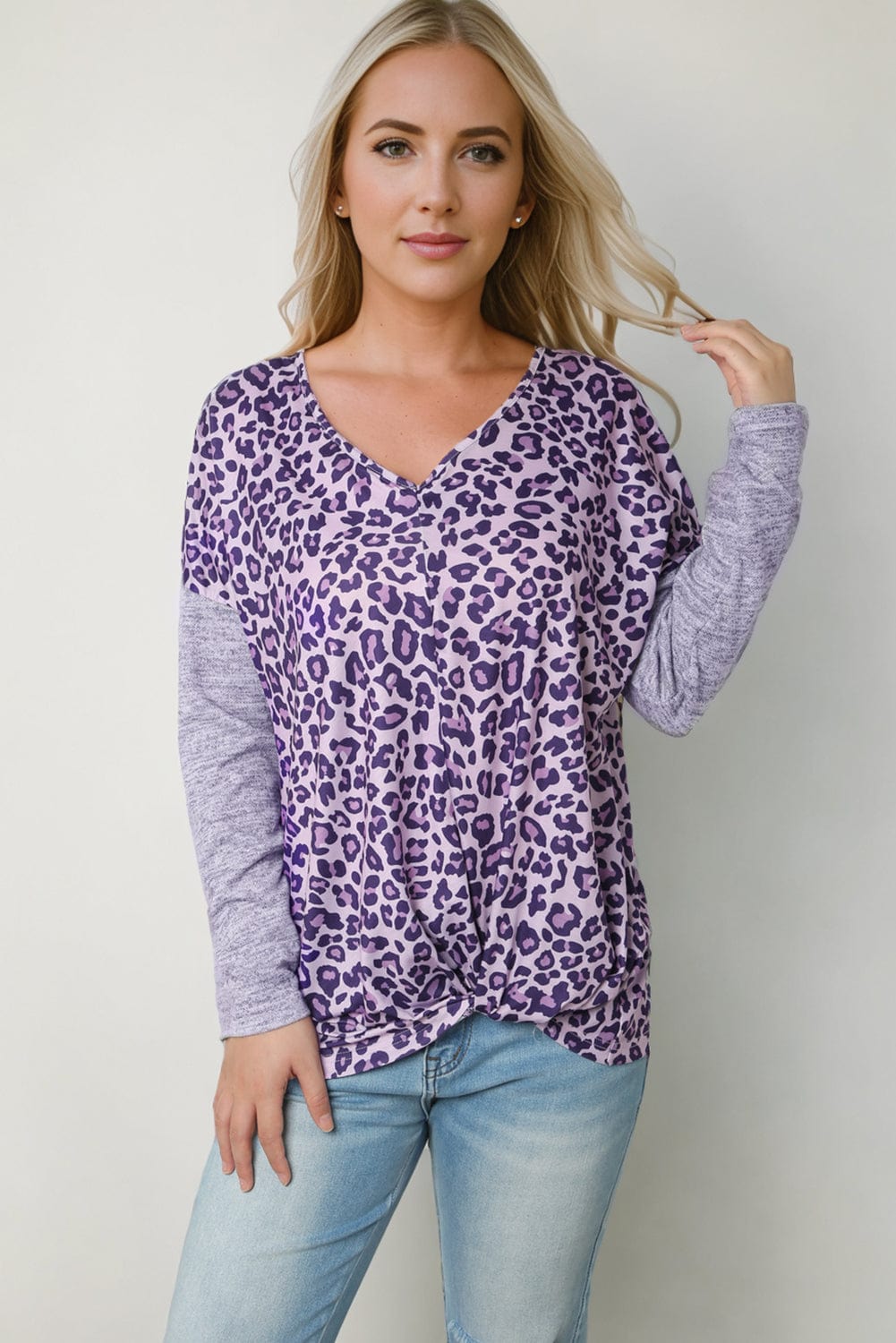 Trendsi Lavender / S Leopard V-Neck Long Sleeve T-Shirt
