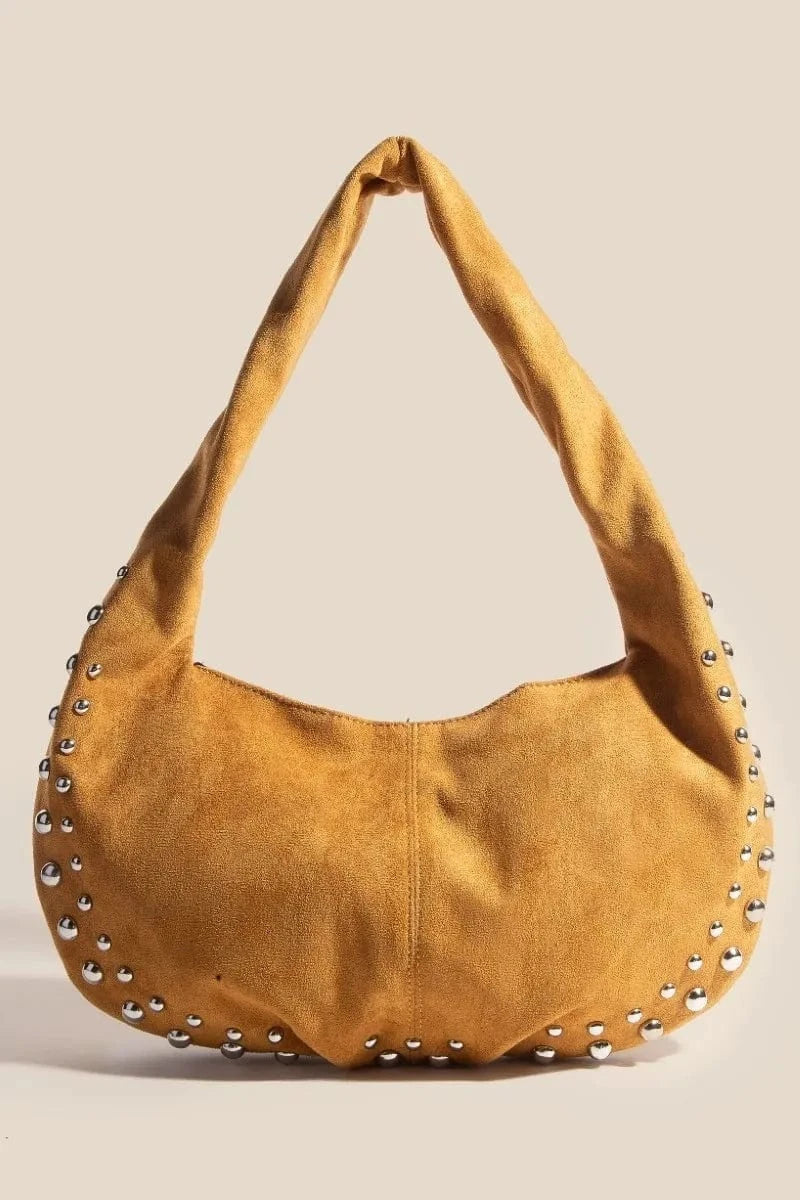 Trendsi LBR / One Size Fame Metallic Studded Faux Suede Hand Bag