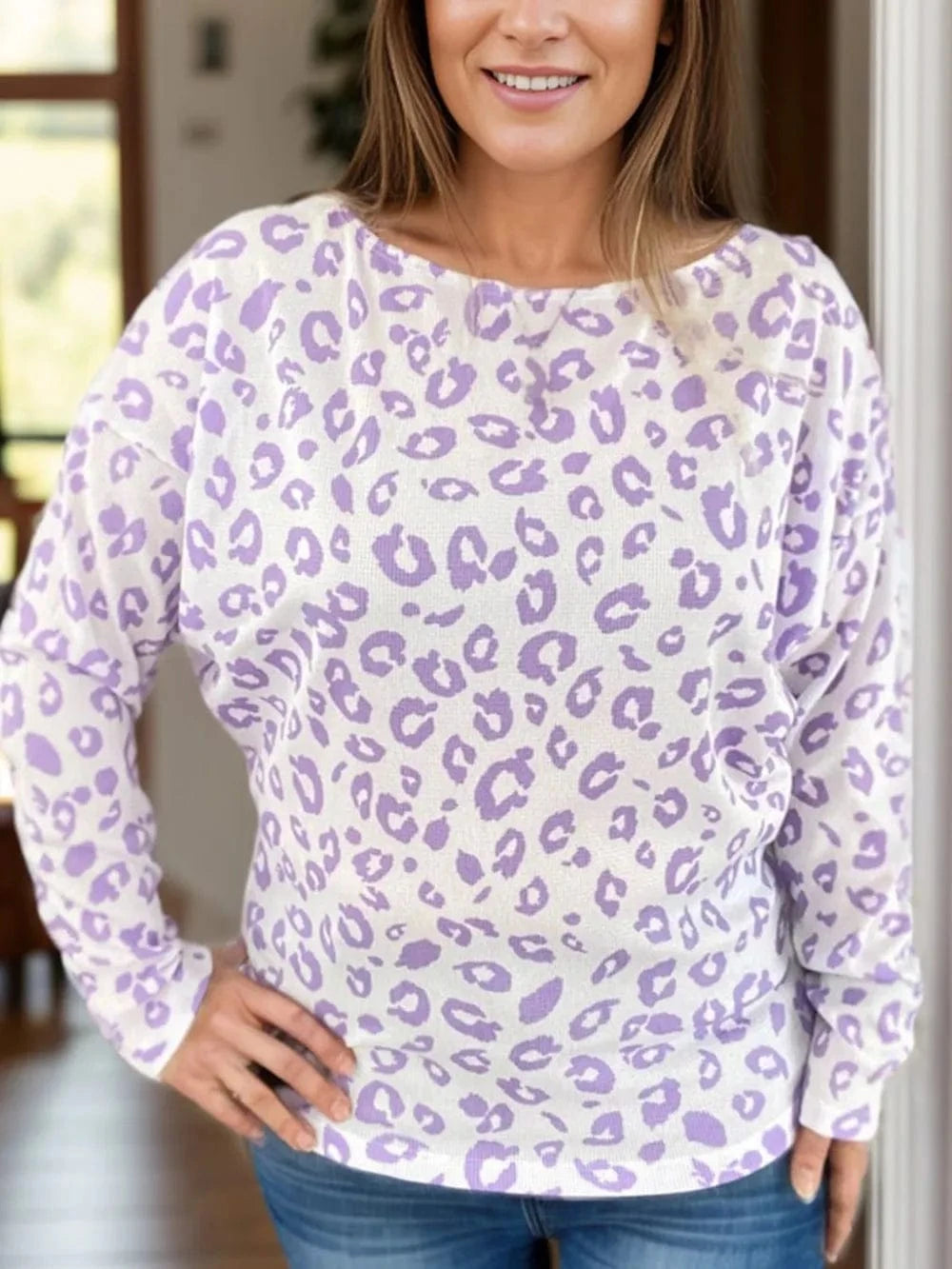 Trendsi Leopard / 1XL Plus Size Leopard Round Neck Long Sleeve Top