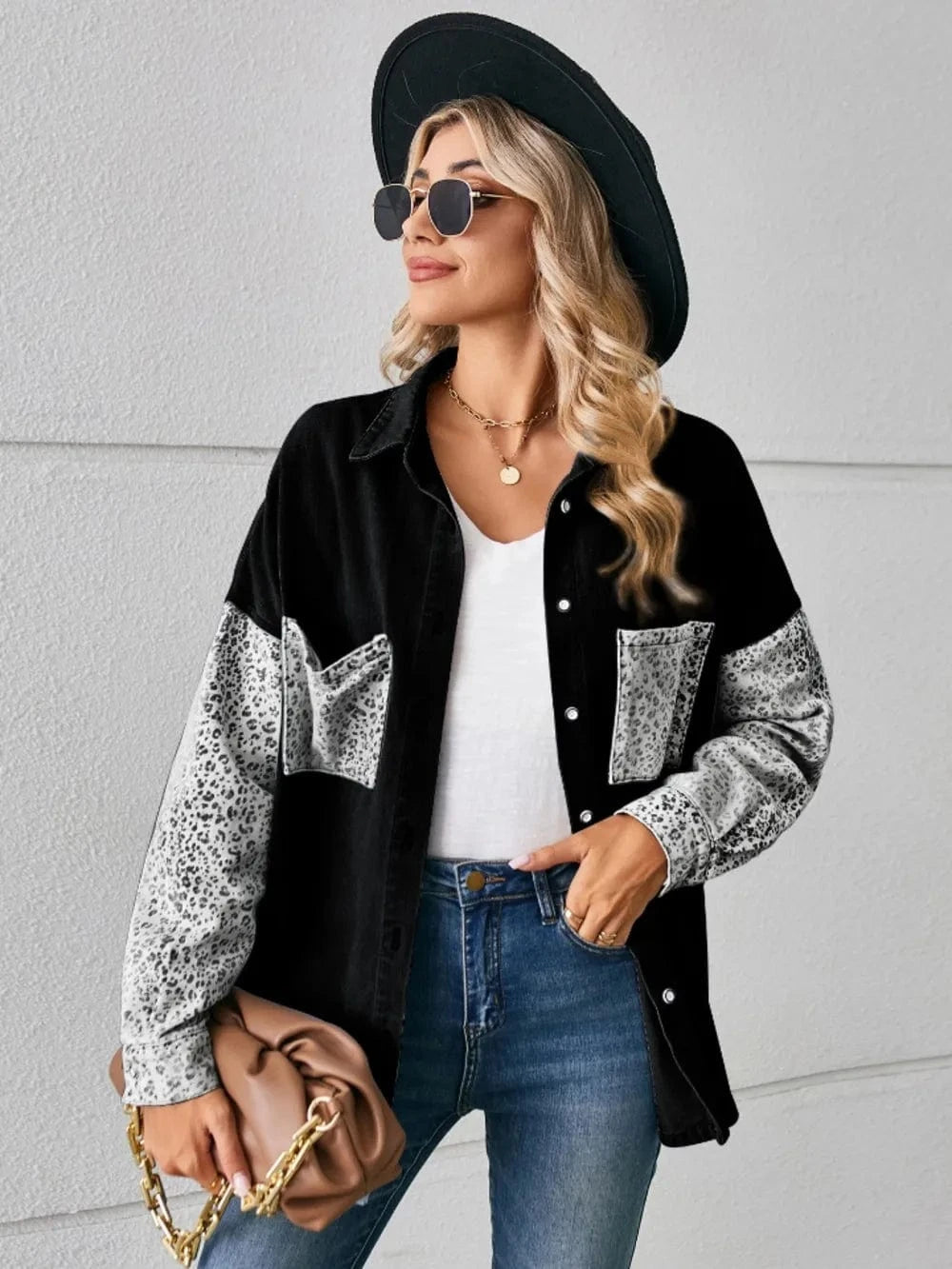 Trendsi Leopard Button Up Denim Jacket