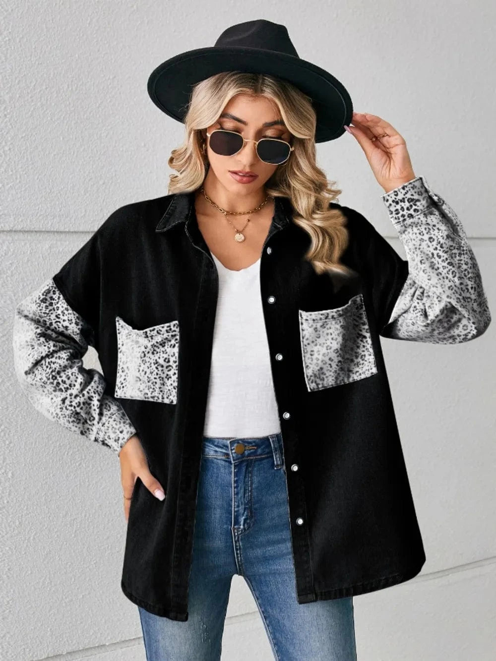 Trendsi Leopard Button Up Denim Jacket