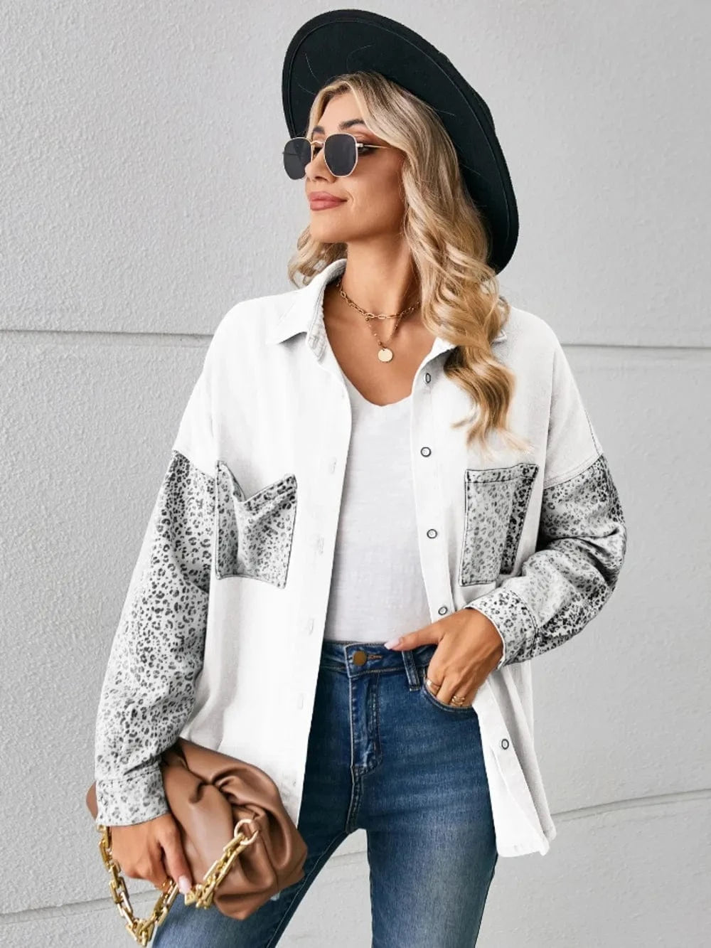 Trendsi Leopard Button Up Denim Jacket