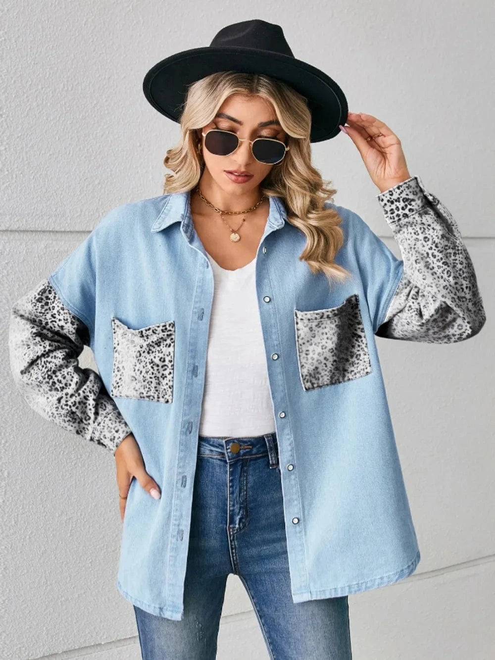 Trendsi Leopard Button Up Denim Jacket