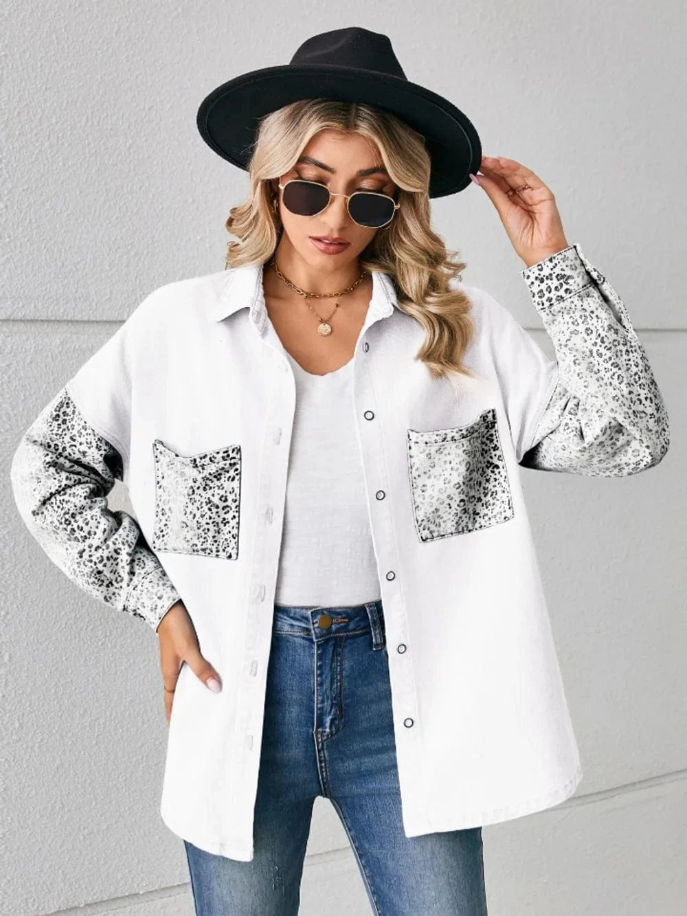 Trendsi Leopard Button Up Denim Jacket