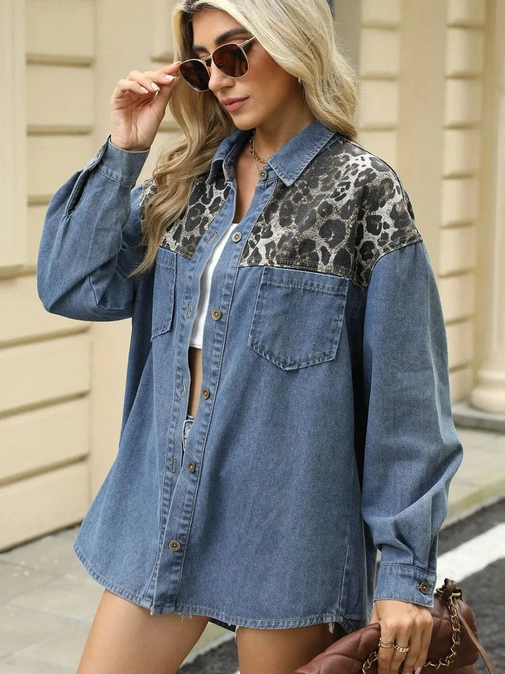 Trendsi Leopard Button Up Long Sleeve Denim Jacket