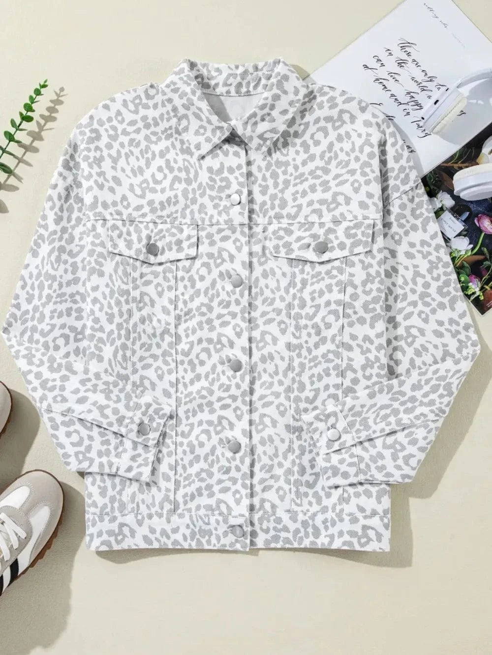 Trendsi Leopard Button Up Long Sleeve Denim Jacket