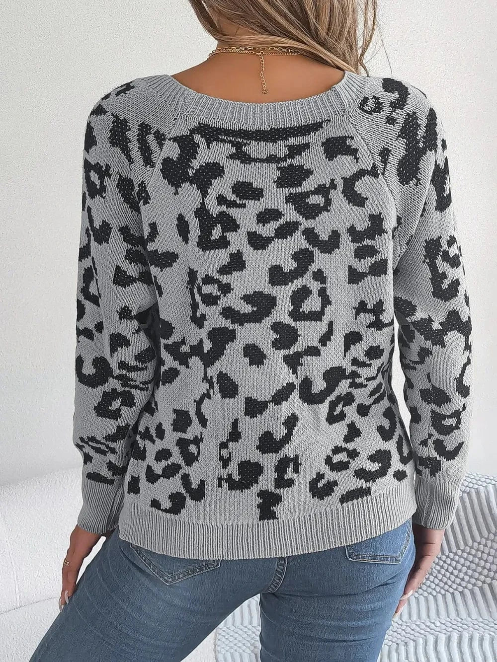 Trendsi Leopard Buttoned Square Neck Sweater