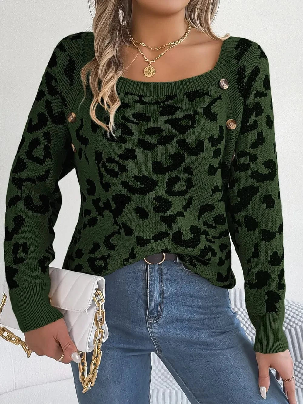 Trendsi Leopard Buttoned Square Neck Sweater