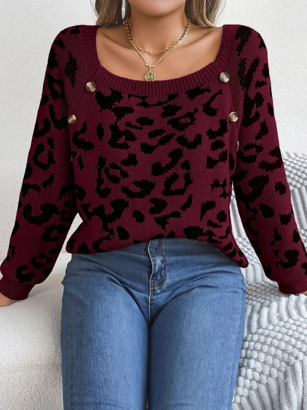 Trendsi Leopard Buttoned Square Neck Sweater