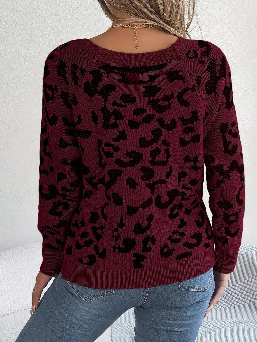 Trendsi Leopard Buttoned Square Neck Sweater