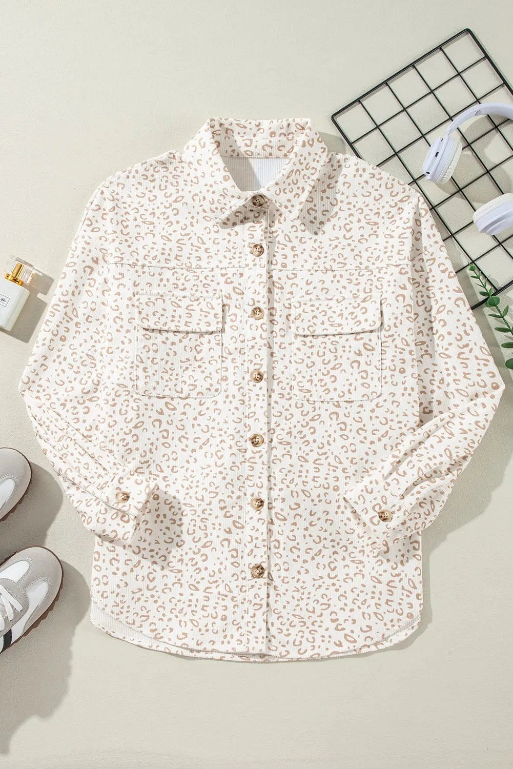 Trendsi Leopard Collared Neck Dropped Shoulder Jacket